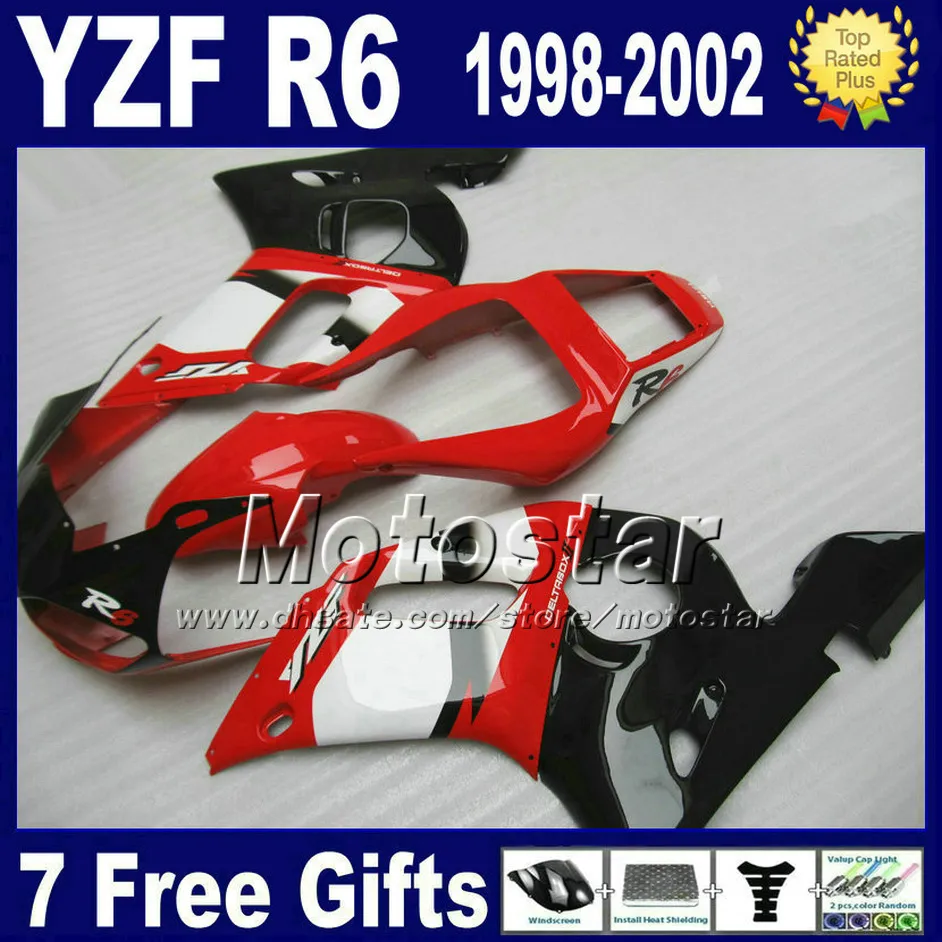 Gratis frakt Fairings Set för Yamaha YZF-R6 1998-2002 YZF 600 YZFR6 98 99 00 01 02 Red White Black Fairing Body Kits VB89