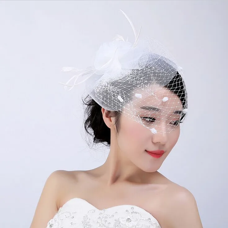 White Face Veil Cheap Bridal Hats 2016 Vintage Bridal Accessories With Tulle Feather Cute Small Hat For Brides headwear New Fashio3465850