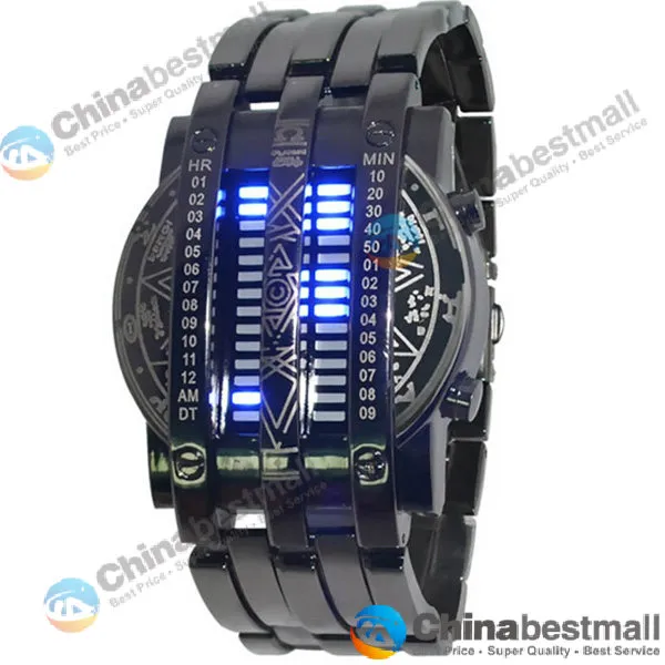 Мода личность полный мужчины часы стали синий 28 LED Binary военный браслет спортивные часы Наручные часы мужские часы Drop доставка