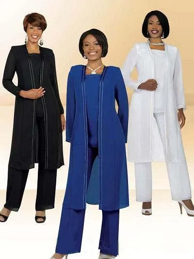 3pcs royal blue White Mother of The Bride Groom Chiffon Pants Suits Long Jacket Formal mother bride pant suits Wedding Party Gowns