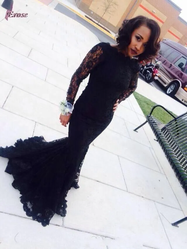 Saudi Arabic Black Mermaid Evening Dresses Long Bateau Sexy Lace Prom Dress Long Sleeves Evening Gowns Illusion Formal Dresses Party Wear