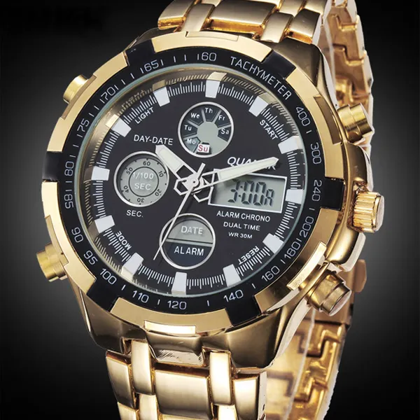 QUAMER Militar Relógios Homens Marca De Luxo Relógio de Aço Completo Sports Moda Quartz Multi-função LED Dual Display Relógio de Pulso Relogio masculino