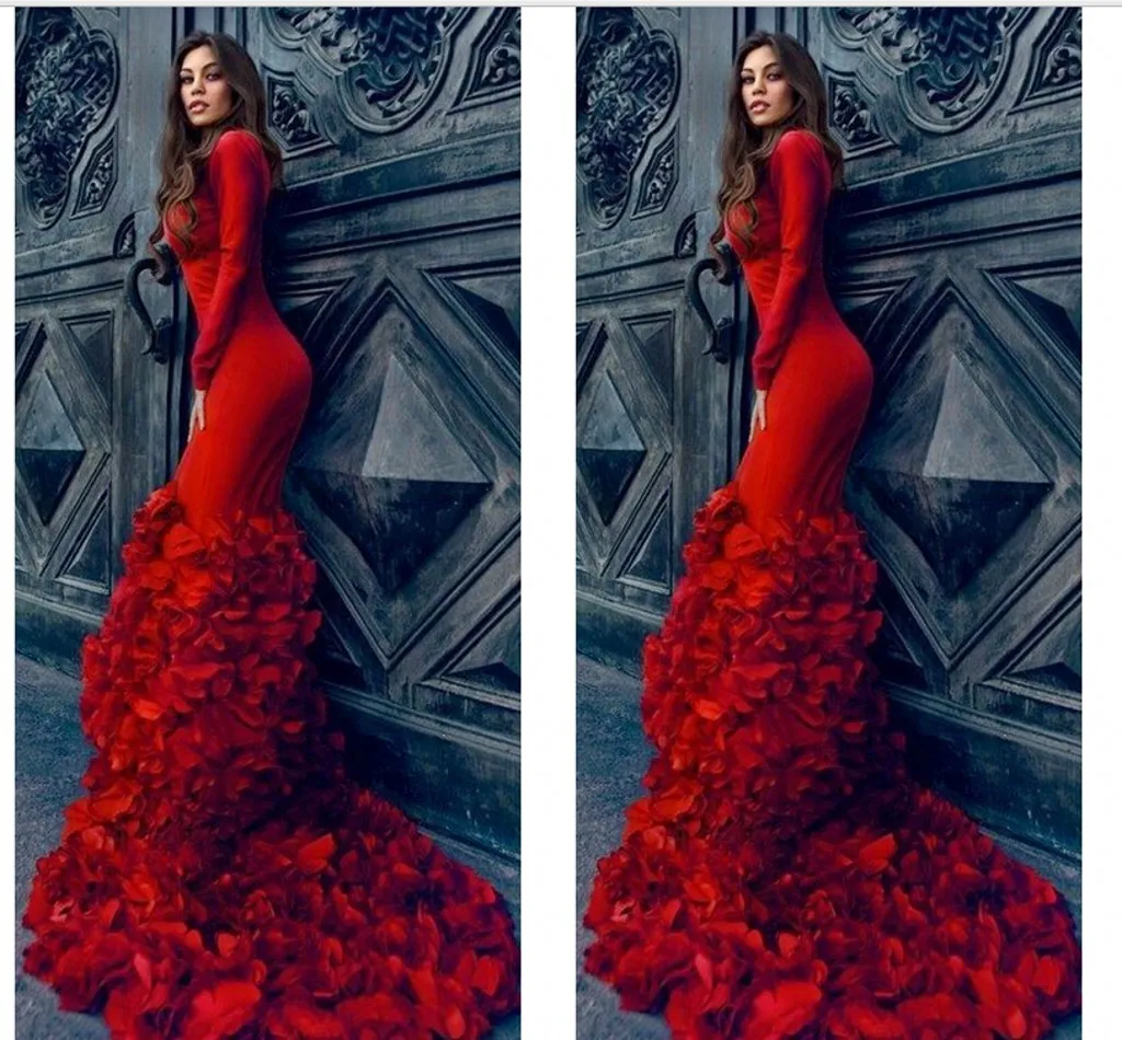 Amazing Red Petals Trailing Evening Dresses 2016 Crew Long Sleeve Slim Fit Prom Dresses Lace Up Back Sweep Train Celebrity Formal Gowns