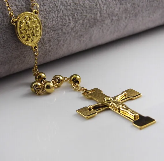 Collier chapelet bouddhiste en acier inoxydable plaqué or de haute qualité, chaîne de perles rondes Crucifix 28 4 5, cadeau fin Uni191s