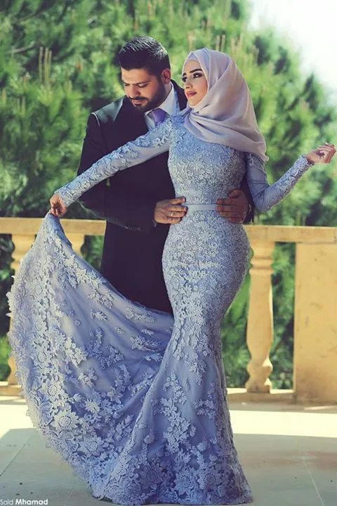 Lavendel High Neck Långärmad Fullt fodrad Mermaid Muslim Kvällsklänningar med gratis Hijab Lace Appliques Chapel Train Engagement Gowns