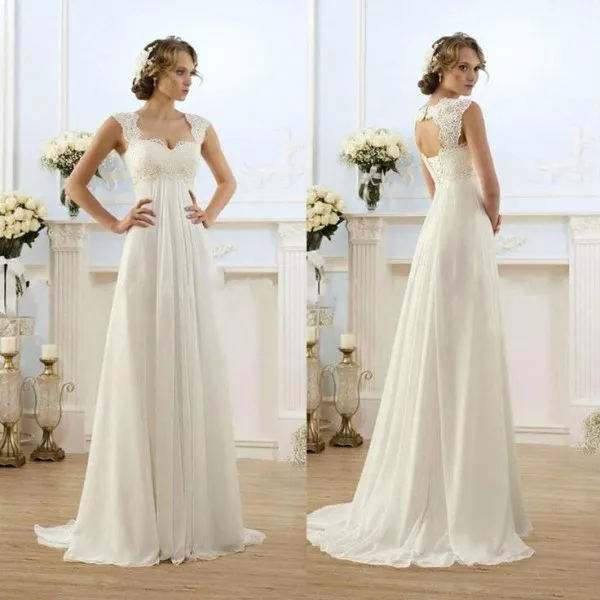 Vintage Modest Bridal Wedding Gowns Capped Sleeves Empire Waist Plus Size Beach Chiffon Country Style Dresses