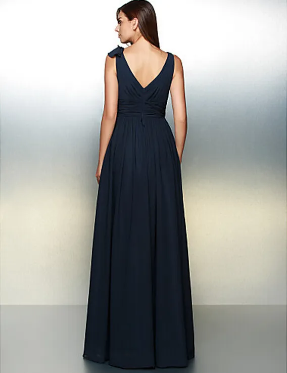 Formal Dark Navy A-line V-neck Floor-length Bridesmaid Dress Chiffon Sleeveless Formal Evening Dress