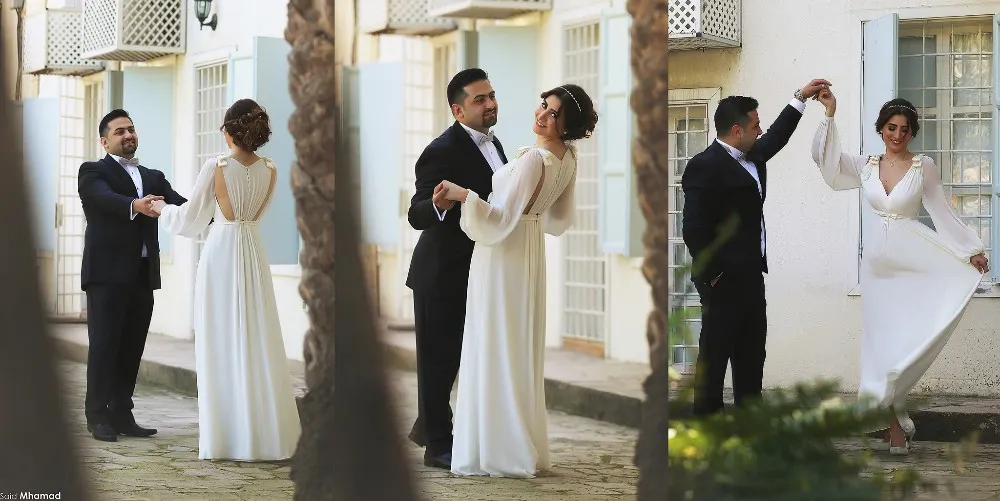 Arabski Dubaj Prom Dresses Muzułmańskie Formalne Noszenie Szyfonowe Długie sukienki Głębokie V-Neck Bow Sash Długi Rękaw Poeta Ruched Draped