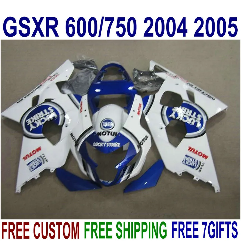 ABS Fairing Kit voor Suzuki GSXR600 GSXR750 2004 2005 K4 GSX-R600 / 750 04 05 White Blue Lucky Strike Strike High Grade Backings Set R47J