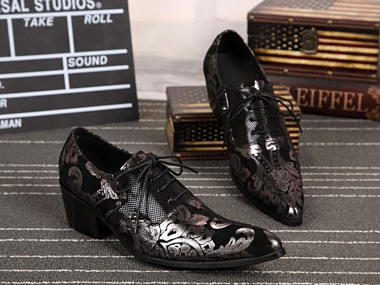 Kroean Style Mens Genuine Leather Shoes Patch Gold Black Champagne Prints Pointed Toe Lace Up Oxfords Classic Male Party Wedding Fashion