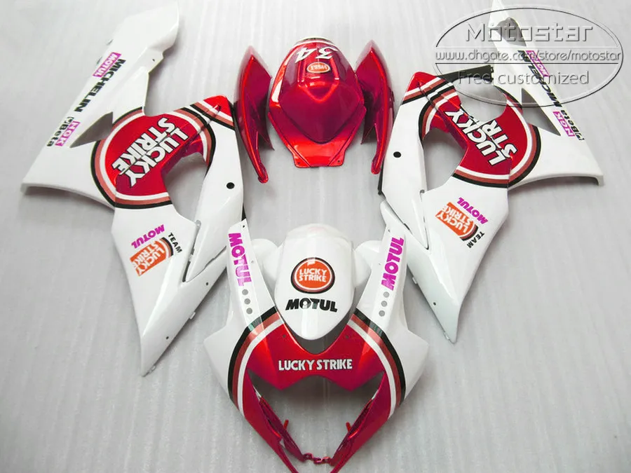 Motorcykel Fairings för Suzuki 2005 2006 GSXR 1000 K5 K6 Röd vit Lucky Strike Fairing Kit GSX-R1000 05 06 GSXR1000 Motobike Set QF8