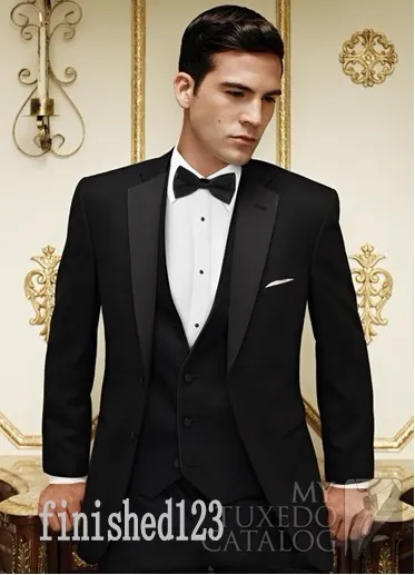 New Arrivals Two Button Black Groom Tuxedos Notch Lapel Groomsmen Best Man Wedding Prom Dinner Suits (Jacket+Pants+Vest+Tie) G5109