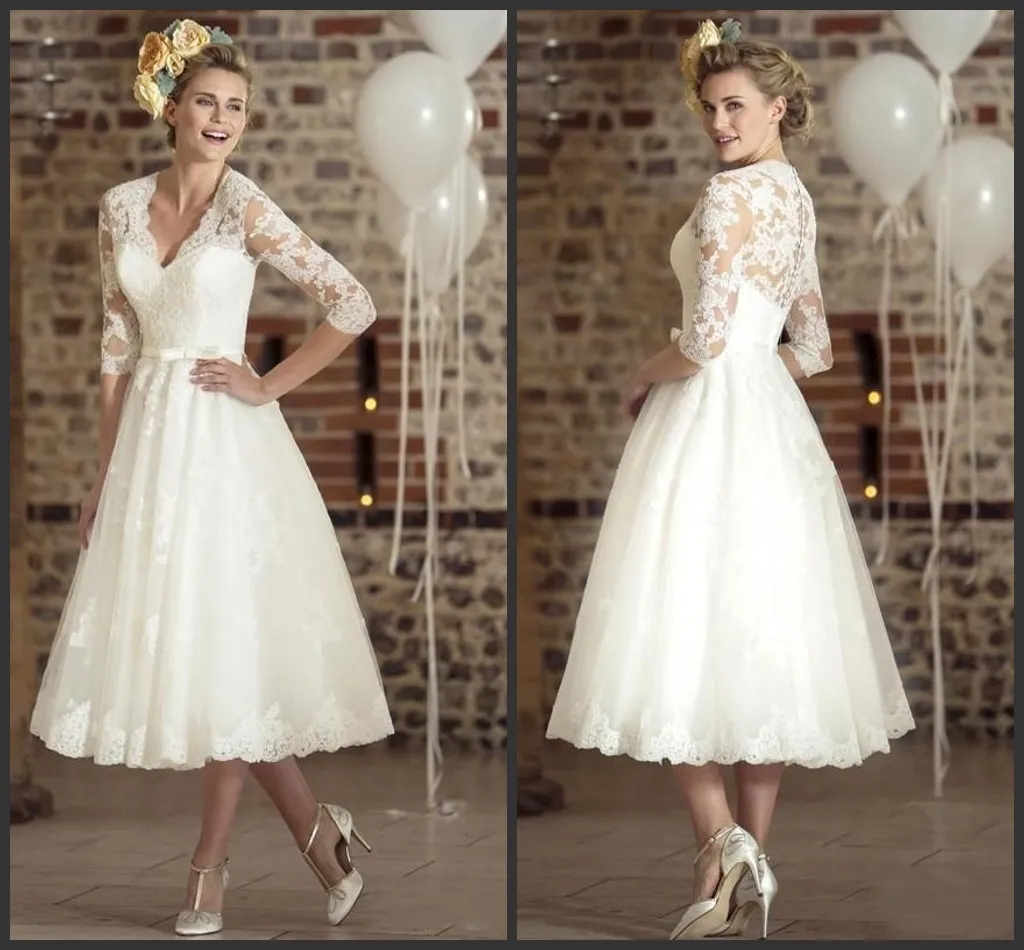 2020 Nieuwe Drie Kwart Mouwen Kant Vintage V-hals Goedkope Strand Bridal Jurken 2020 Casamento Vestidos de Korte Trouwjurk 150