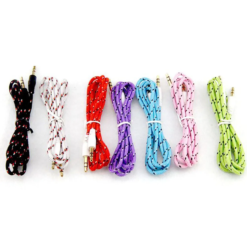 Wholesale 1m 3ft 3.5mm Audio Aux Male Stereo Woven Fabric Braided Cable For Phone pc in metal cord 100pcs/lot