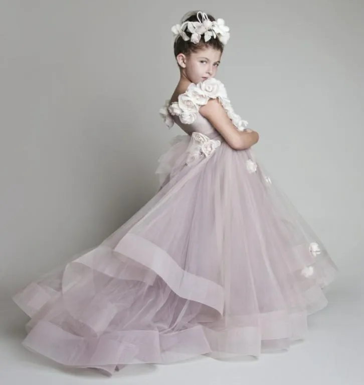 Abiti da ragazza di fiori matrimoni Nuovo tulle increspato fiori fatti a mano Abiti da spettacolo con una spalla bambine Glitz Kids Prom 5363498