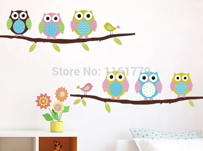 2015 nieuwe cartoon kinderkamer slaapkamer muren geschilderd decoratieve stickers schattige uil dier tak muurstickers