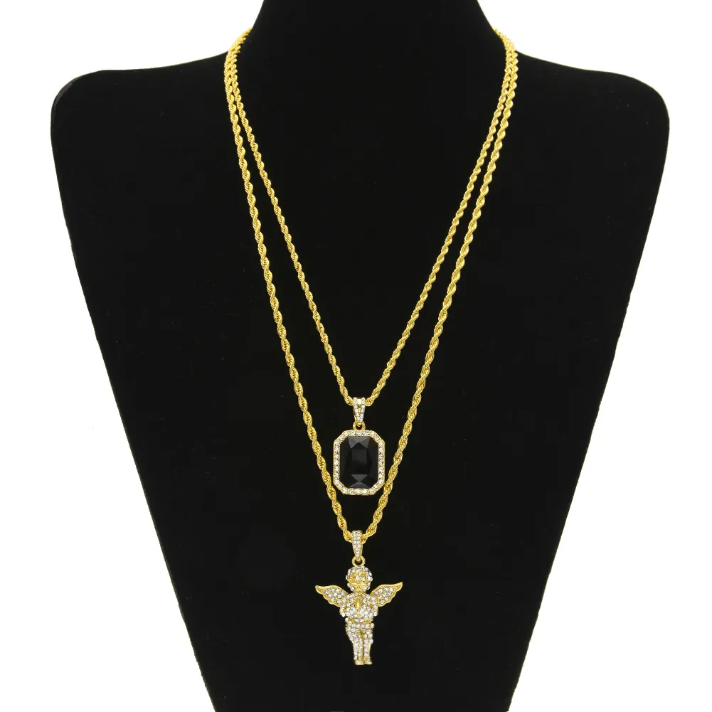 Mens Hip Hop Jewelry sets Mini Square Ruby Sapphire Full Crystal Diamond Angel Wings Pendant Gold Chain Halsband för manlig hiphop 2274