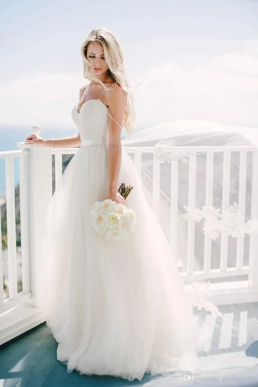 2020 robes de mariée de plage nouvelle chérie avec corsage en dentelle corsage bretelles spaghetti tulle robes de mariée robe de mariage