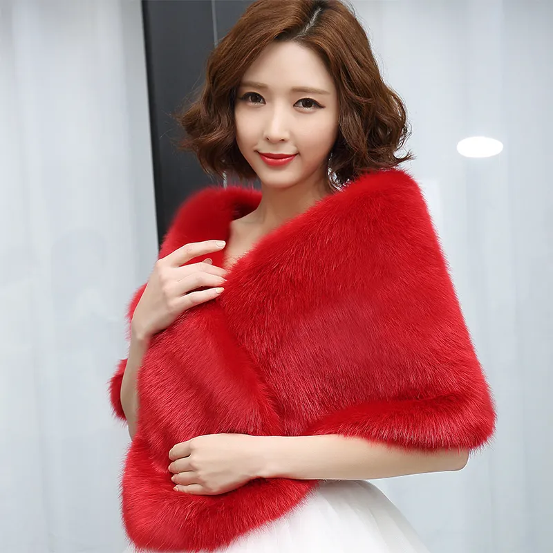 2019 Winter Wedding Coat Bridal Faux Fur Wraps Warm shawls Shrug Outerwear Gray White Red Women Jacket Prom Evening cloak scarf