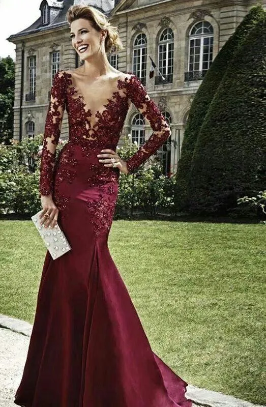 2015 Bourgogne Sirène Robes De Soirée À Manches Longues Étage Longueur Appliques Perles Robes De Bal Sheer Satin Tapis Rouge Arabian Dubaï Robes