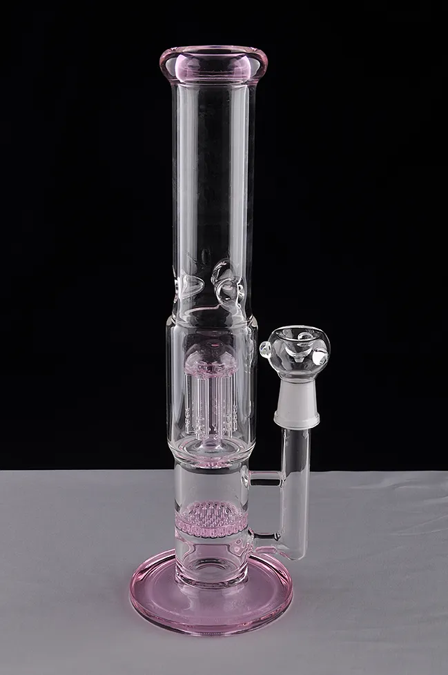 Bong in vetro spesso dritto colorato rosa Bong in vetro spesso con tacche di ghiaccio 2 funzioni Bong in vetro Pipa ad acqua in vetro Pipa fumatori Narghilè Dual Perc 18 mm