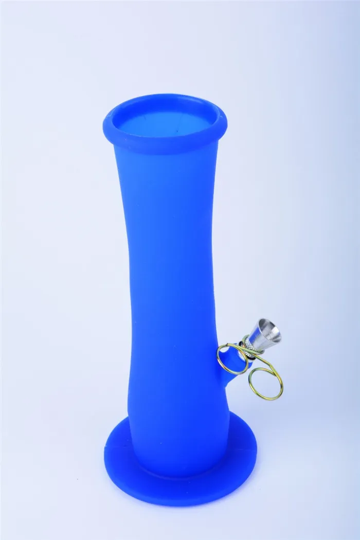 Bong en silicone rose avec tuyau d'eau en silicone diffusé en aval avec un joint de 14 mm en silicone bleu