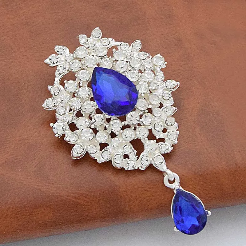 Silver Tone Crystal Drop Pendent Brooch Pins,Wedding Bridal Bouquet Brooch Four Colors Drop Crystal Brooch Women Costume Pins