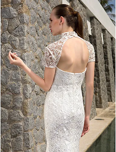 2016 nova moda clássico popular frete grátis marfim manga curta backless chão-comprimento alto pescoço rendas bainha / coluna vestidos de noiva 156