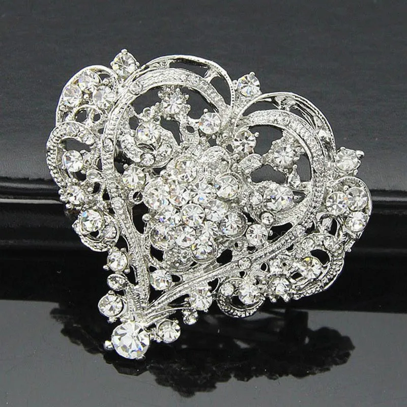 Vintage mode rhodium vergulde prachtige duidelijke kristallen grote hart bloem broche vrouwen bruiloft bruids boeket pins hot selling topkwaliteit