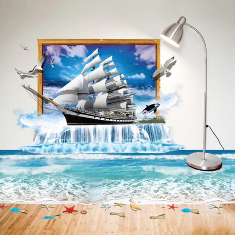 Zeilboot boot zee muurstickers 3D-simulatie zee strand vloer sticker DIY muurschildering kunst thuis badkamer slaapkamer tv achtergrond muur papier sticker