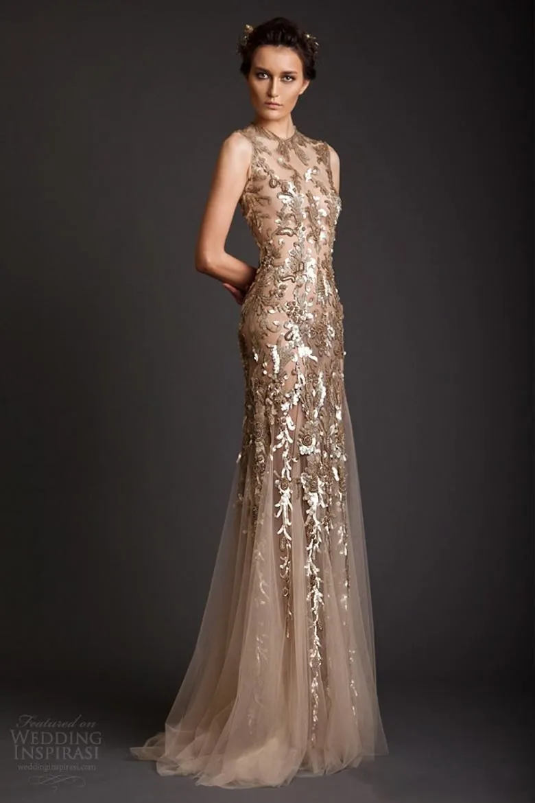 Krikor Jabotian Suknie wieczorowe Klasyczny Złoty Syrenka Kształt Tulle Sheer See przez Aplikacje Prom Dress Emboridery Długa Formalna Dubai Dress