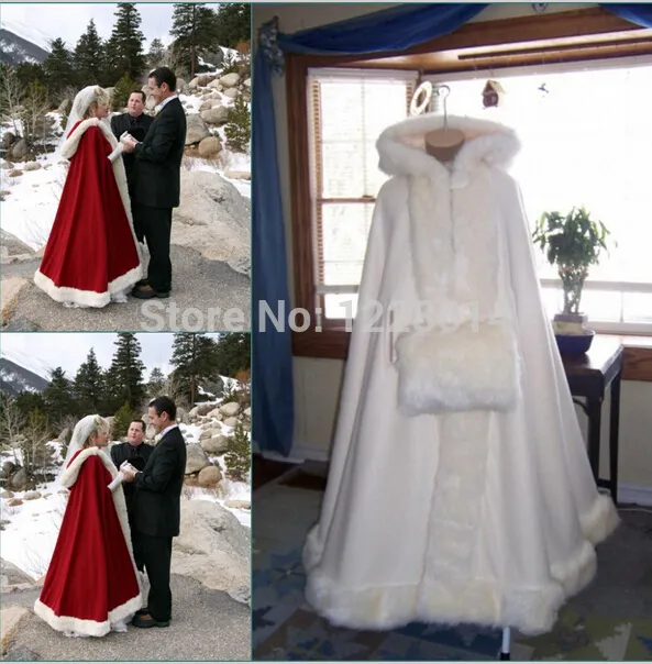 2020 Romantisk Real Image Hooded Bridal Cape Ivory White Long Wedding Cloaks Faux Fur för Vinter Bröllop Bridal Wraps Bridal Cloak Plus Storlek