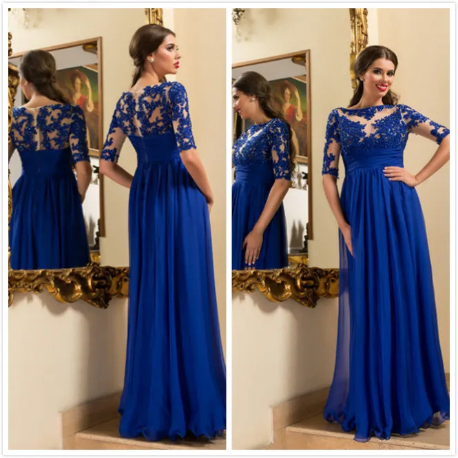 A-Line Empire Royal Blue Suknie Wieczorowe Kryształ Zroszony Pół Rękawy Szyfonowa Prom Suknie Długość podłogi Illusion Lace Appliqued Formalne sukienki