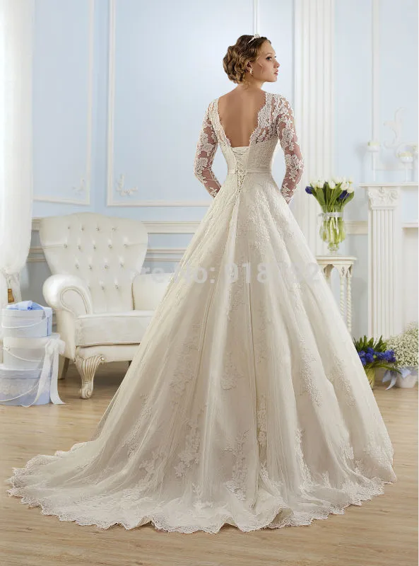 2016 Full Lace Wedding Dresses A Line Sheer Long Sleeves Appliqued ...