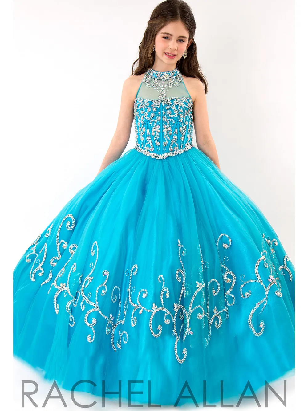 RACHEL ALLAN Meninas Pageant Vestidos Sheer High Neck Tule Azul Strass Cristal Beads Glitz Vestido de Baile Longo Flor Meninas Vestidos HY00732