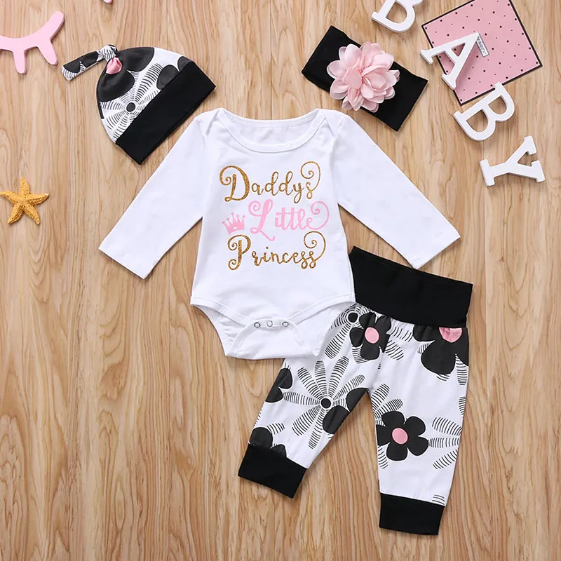 2018 Neugeborenes Baby Mädchen Kleidung Outfit Papas kleine Prinzessin Druck Strampler Overall + lange Hosen + Hut + Stirnband 4-teiliges Boutique-Mädchen-Set