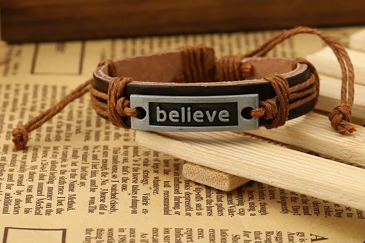 2015 latest version punk style 100% genuine leather bracelet handmade Alloy men woman believe rope adjustable bracelet 