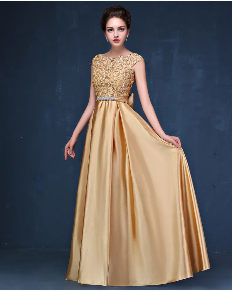Gold Satin Long Evening Dresses With Lace Appliques 2020 New Dress Party Elegant Evening Gowns Fast Shipping