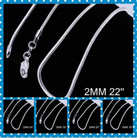 1000pcs 2MM 16'' 18'' 20" 22'' 24'' 925 Sterling Silver Smooth Snake Chain Necklace hot sale Fit pendant new fashion jewelry