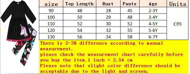 가을 부티크 어린이 의류 아기 소녀 옷 세트 소녀 술 드레스 긴 소매 유니콘 탑 레인보우 바지 레깅스 어린이 의상