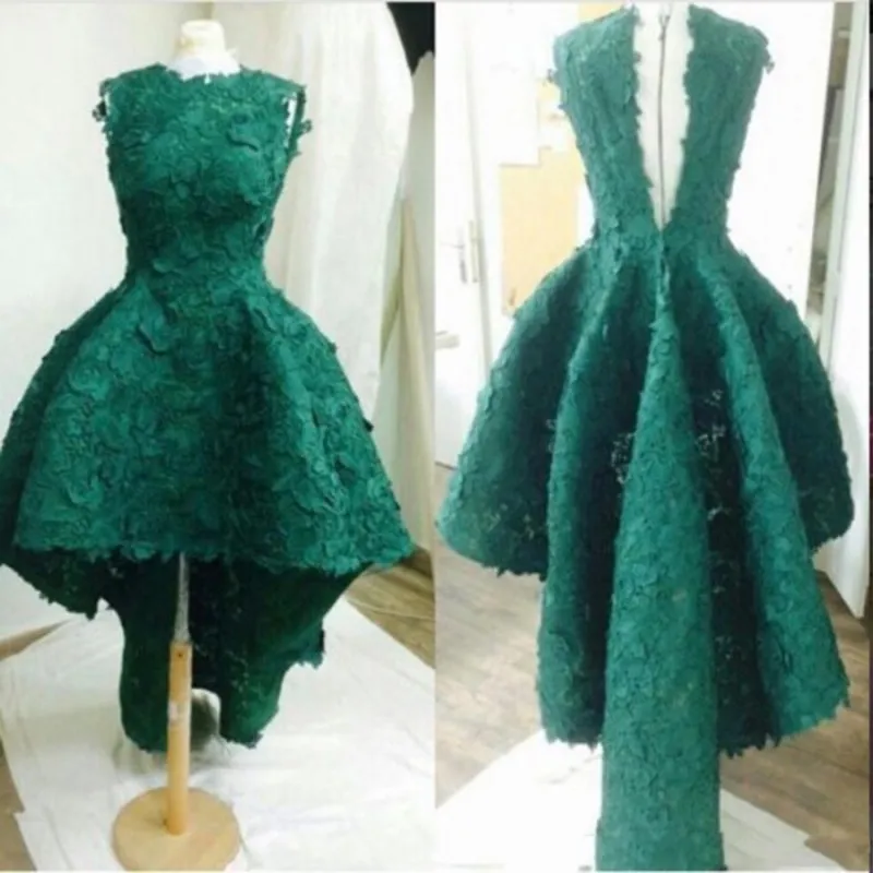 Dark Green High Low Prom Dresses Lace Appliques Sleeveless Zipper Back Evening Gowns Short Formal Party Dress Cheap Custom Made