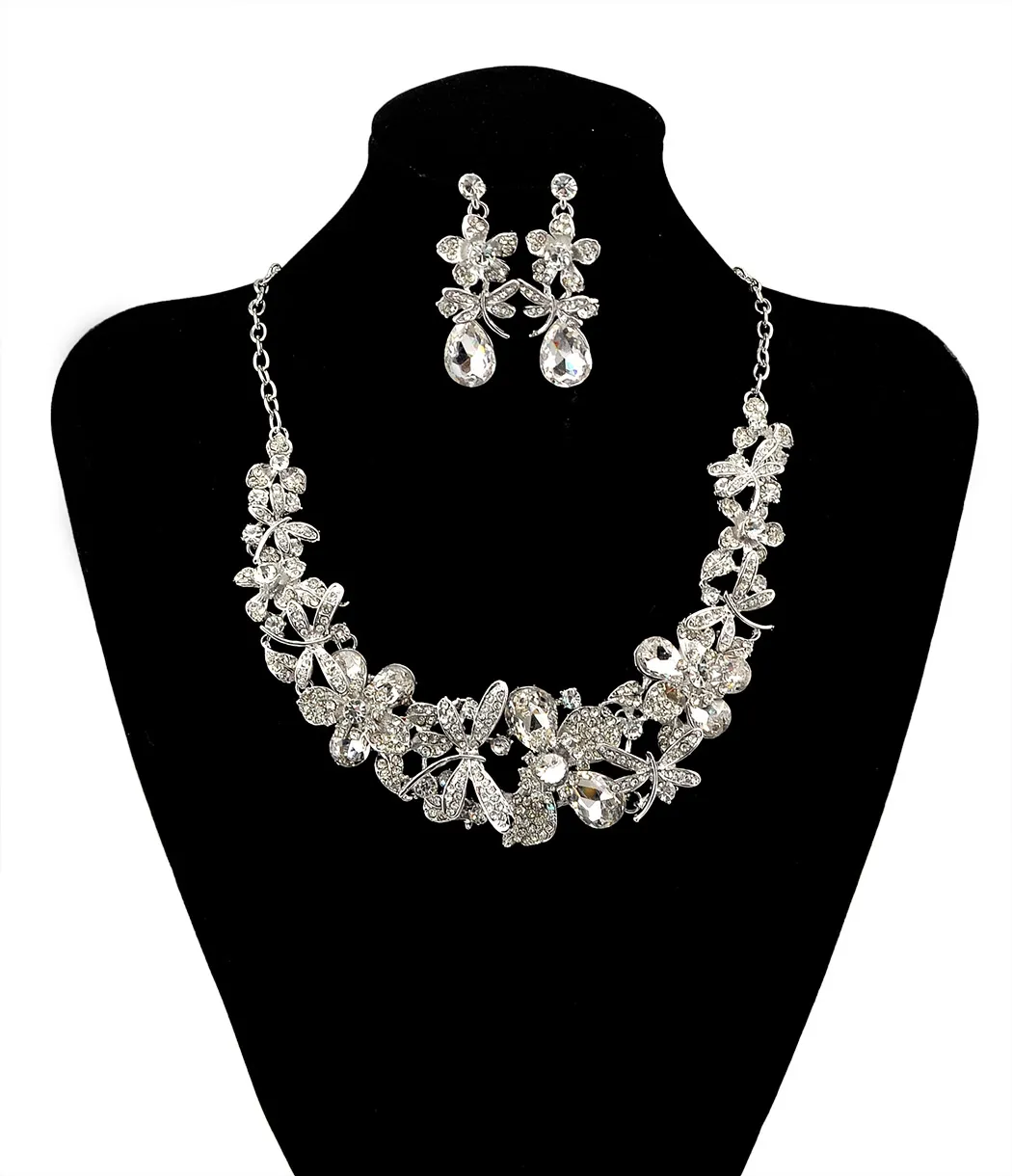 Mode Koreanischen Stil Silber Kette Bunte Charme Strass Schöne Blume Libelle Bib Aussage Halskette Und Ohrringe Set Frauen Schmuck