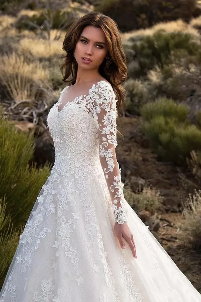 Long Sleeve Lace Appliqued Long Sleeve wedding dresses with Pockets and Sheer Jewel Neckline - Modest and Backless Bridal Gown for Garden and Country
