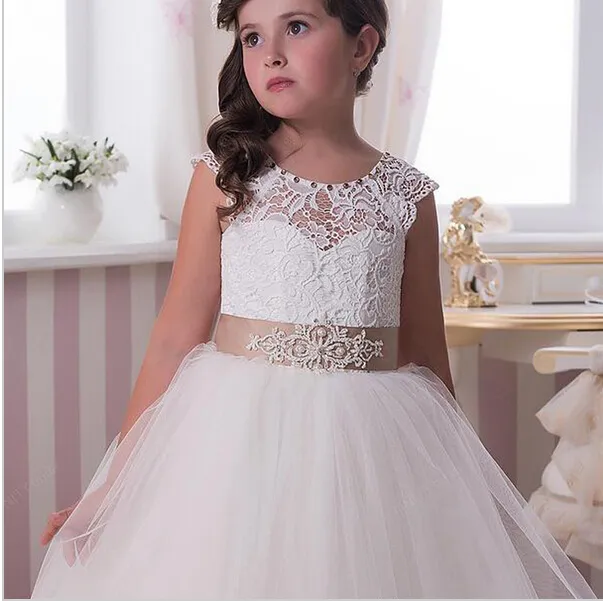 Vestidos de meninas de flor do laço colher uma linha com tule de cristal vestido de comunhão de daminha para vestidos de meninas pgeant casamento