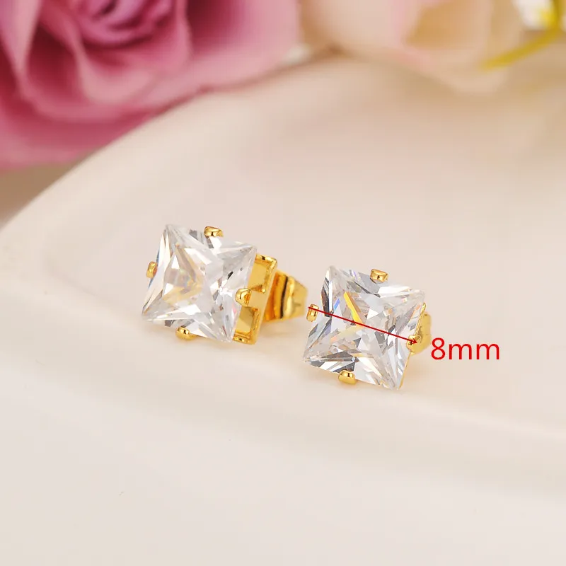 Classiques Romantique De Luxe Design De Mode 24k Solide Or Jaune Rempli Cubic Zirconia 8MM Carré De Mariage Boucle D'oreille Pour Les Femmes