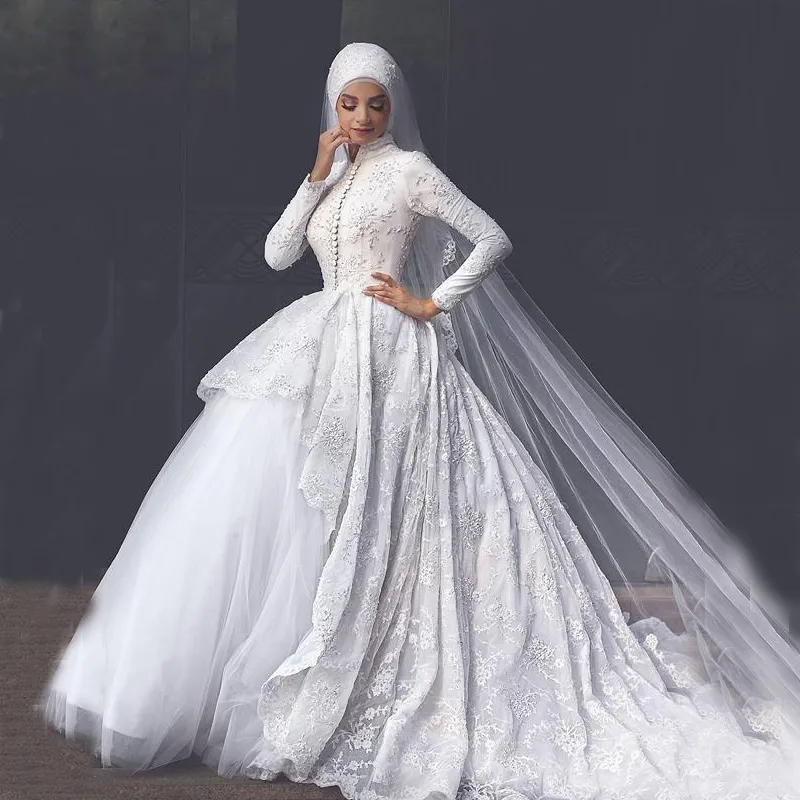 Modeste col haut manches longues robes de mariée musulmanes robe de bal dentelle perlée robes de mariée avec train de cour sur mesure, plus la taille