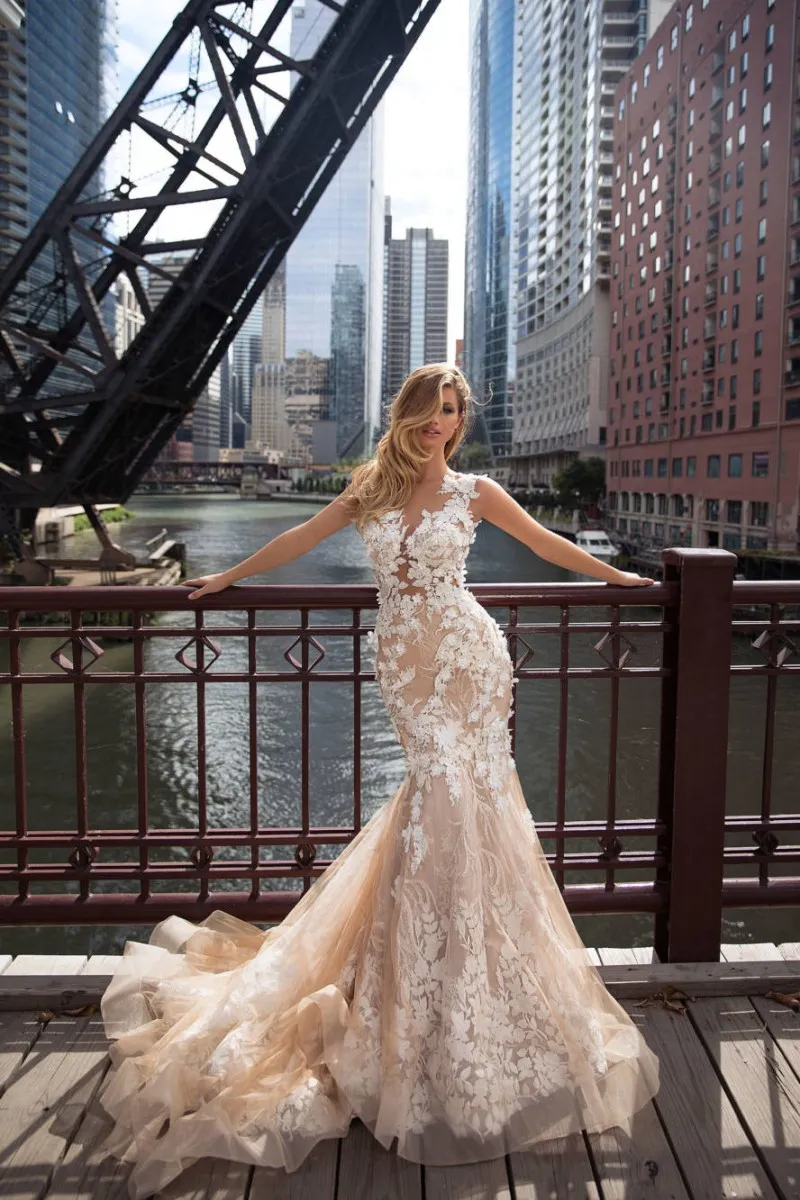 Custom-made Chic Champagne Mermaid Champagne gown for wedding with Lace Appliques and Illusion Detailing - Perfect for Beach Weddings
