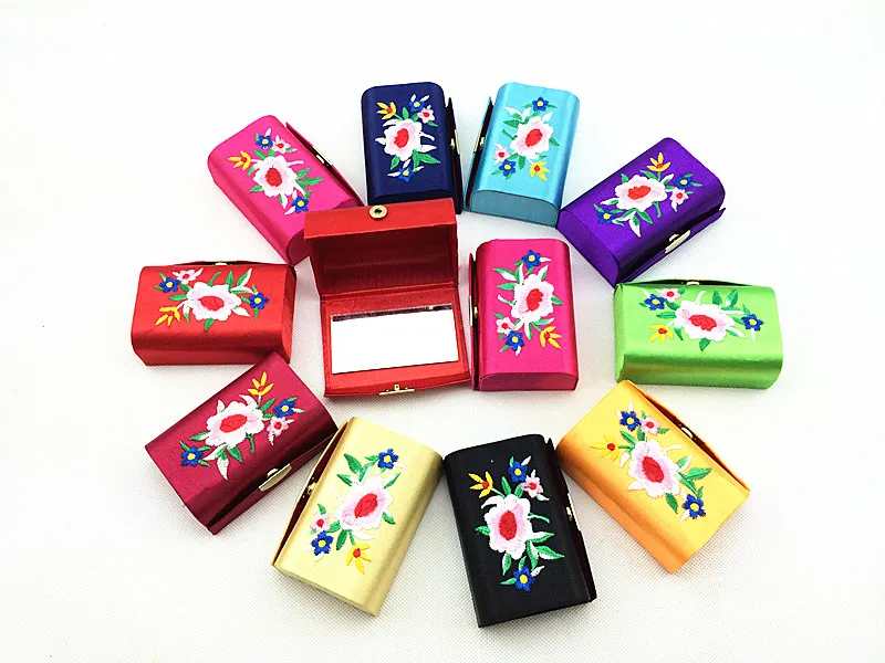 Decorate Embroidered Mirror Small Jewelry Gift Box Storage Case Satin Fabric Empty Lipstick Packaging Box Lip Balm Tubes Containers /lo