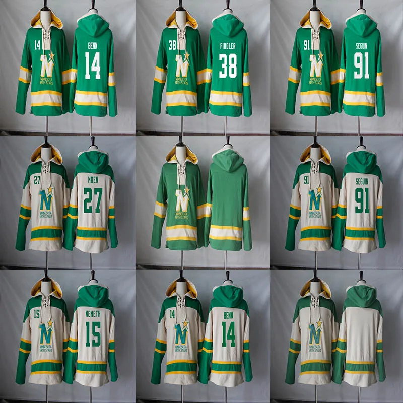 Minnesota North Stars Hoodie 14 Jamie Benn 91 Tyler Seguin 15 Patrik Nemeth 27 Moen 38 Vernon Fiddler Hockey Maglie con cappuccio