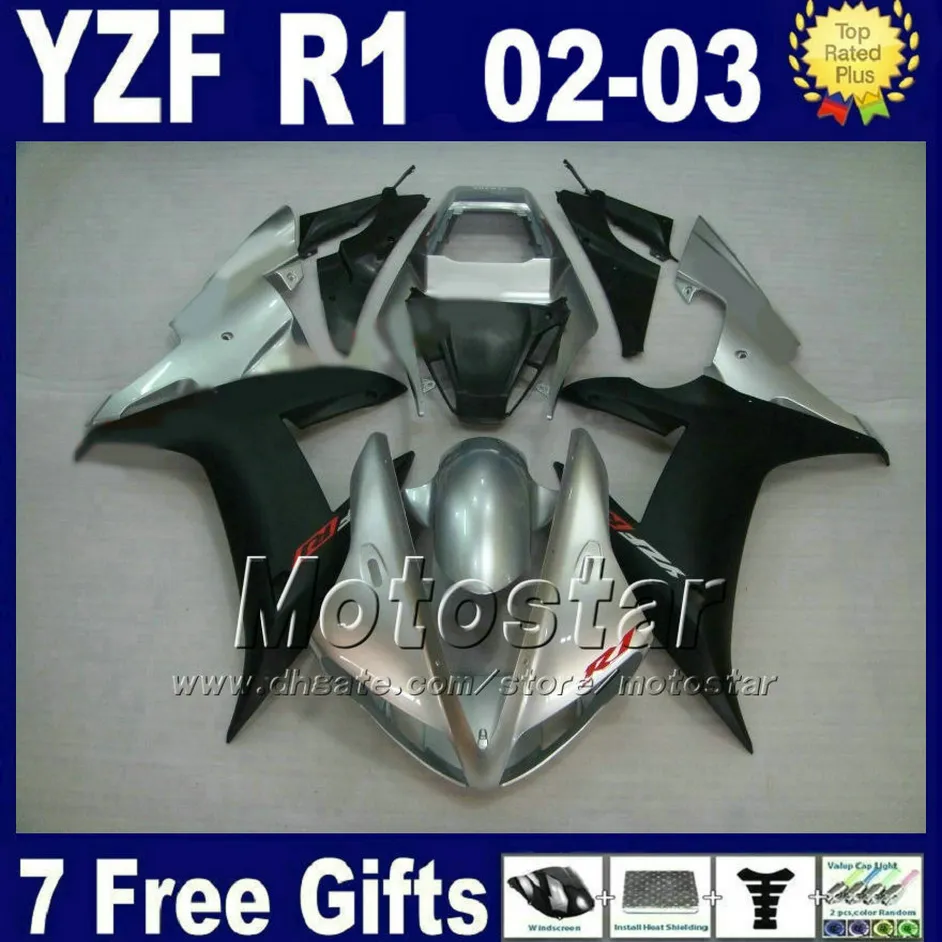 Silver Matte Black för 2002 2003 Yamaha R1 Fairing Kit YZF1000 02 03 YZF R1 Fairings Kits Plastdelar E4J9 Anpassa